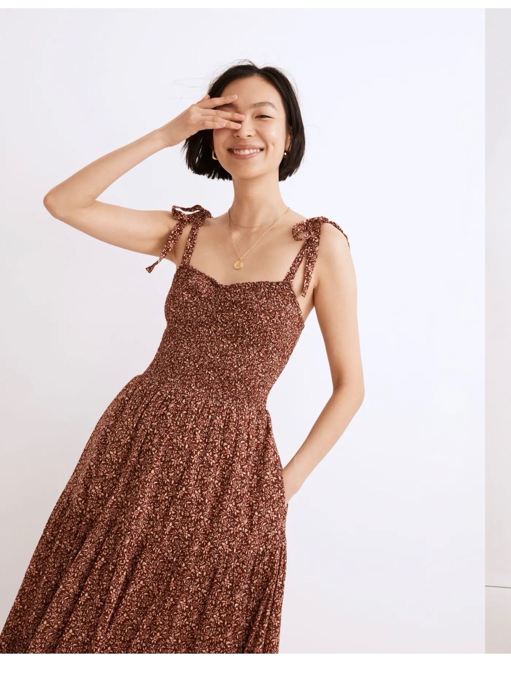 Madewell Lucie Brown Floral Tie-Shoulder Smocked Sundress, size large